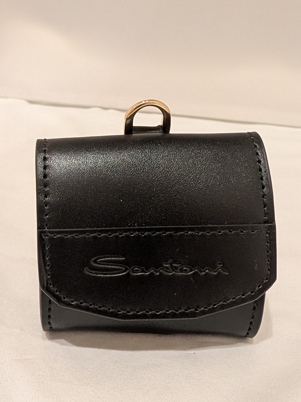 Santoni Black Leather Mini Pouch Lanyard